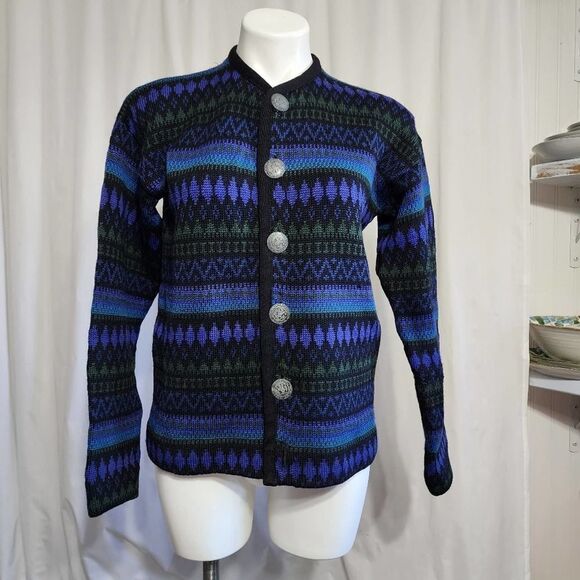 Vintage Norvyk by Ren - Dale wool cardigan blue & green button up S - Picture 4 of 8